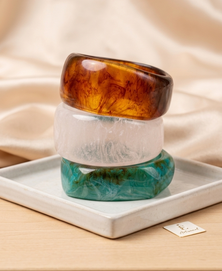 Asymmetric Energy Teal Resin Bangle Set